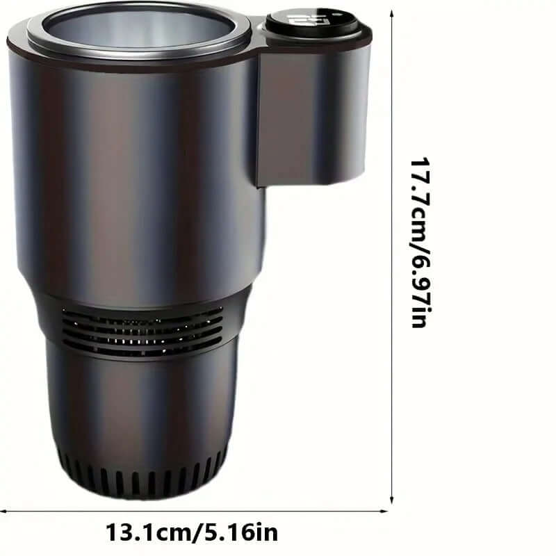 Compact Cool Pro: mini refrigerador elegante para bebidas frías o calientes, dimensiones 13.1cm x 17.7cm.