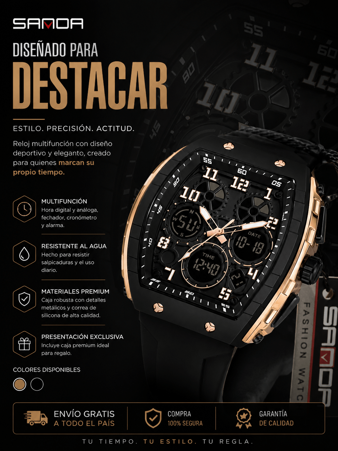 Reloj Original Sanda 6157 Negro Dorado
