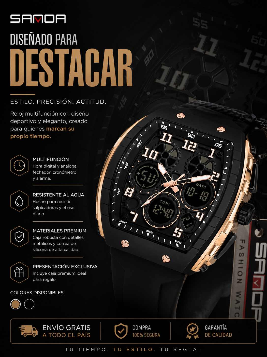 Reloj Original Sanda 6157 Negro Dorado